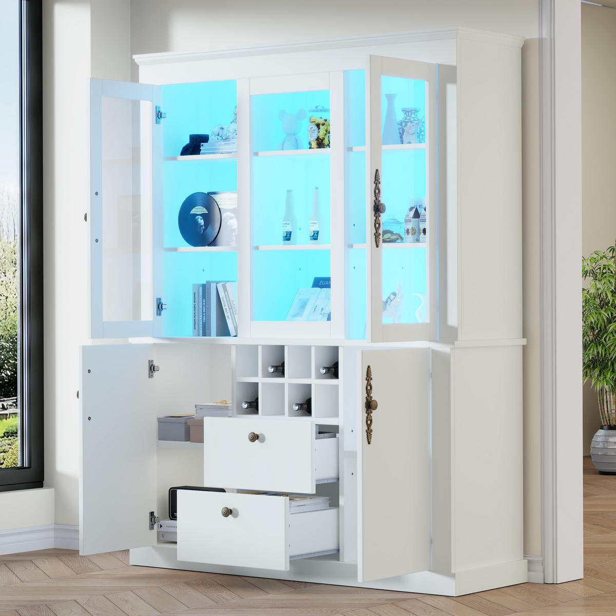 VITRINE LED 130cm 4 Türen 2 Schubladen Weinregal Weiß - Weiß, Glas (130/170.5/37.5cm) - FLIEKS
