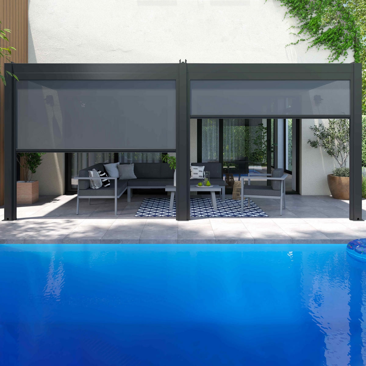 PERGOLA 3x6m, motorisiert mit 2 Markisen, Grau - Grau, Metall (266/250/574cm) - Oviala