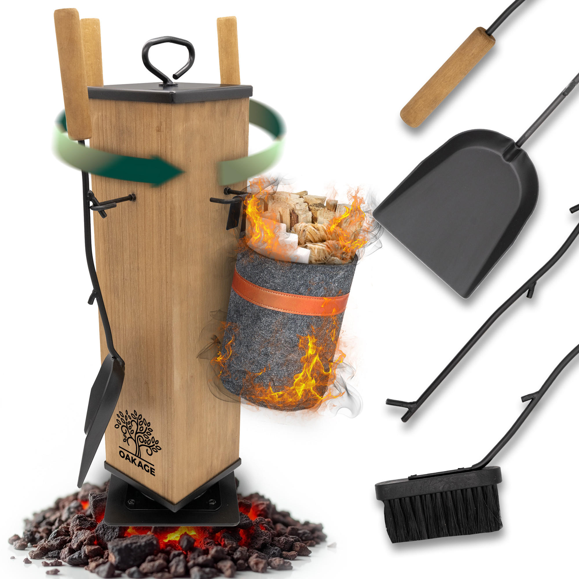 KAMINBESTECK Classic mit Zündholzkorb aus Filz - Dunkelgrau, Holz/Kunststoff (18/58/18cm) - OAKAGE