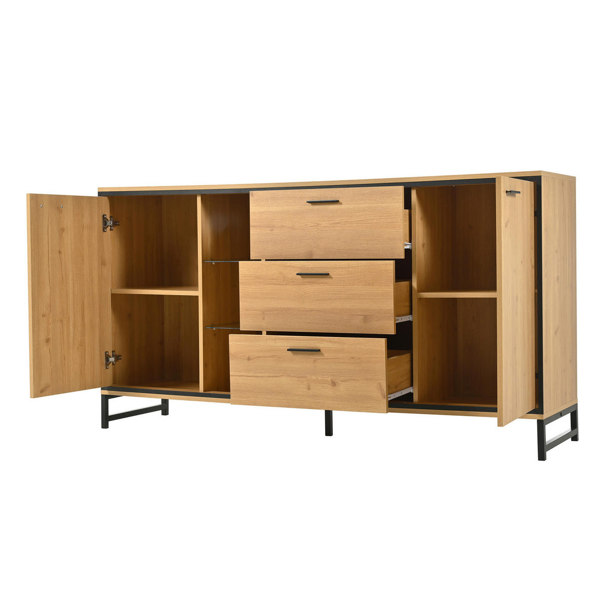 SIDEBOARD 160/40/85 cm aus Holzwerkstoff mit LED-Beleuchtung und verstellbaren Regalböden, Natur/Schwarz - Naturfarben, Holzwerkstoff (160/85/40cm) - Redom
