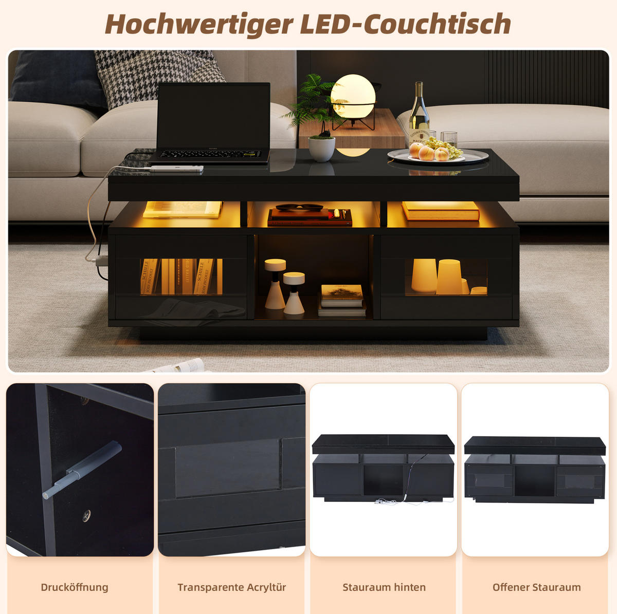 COUCHTISCH 100/50/43 cm mit LED-Beleuchtung, Steckdose, USB-Anschluss und Stauraum aus Spanplatte, Schwarz - Schwarz, Holzwerkstoff (100/50/43cm) - Redom