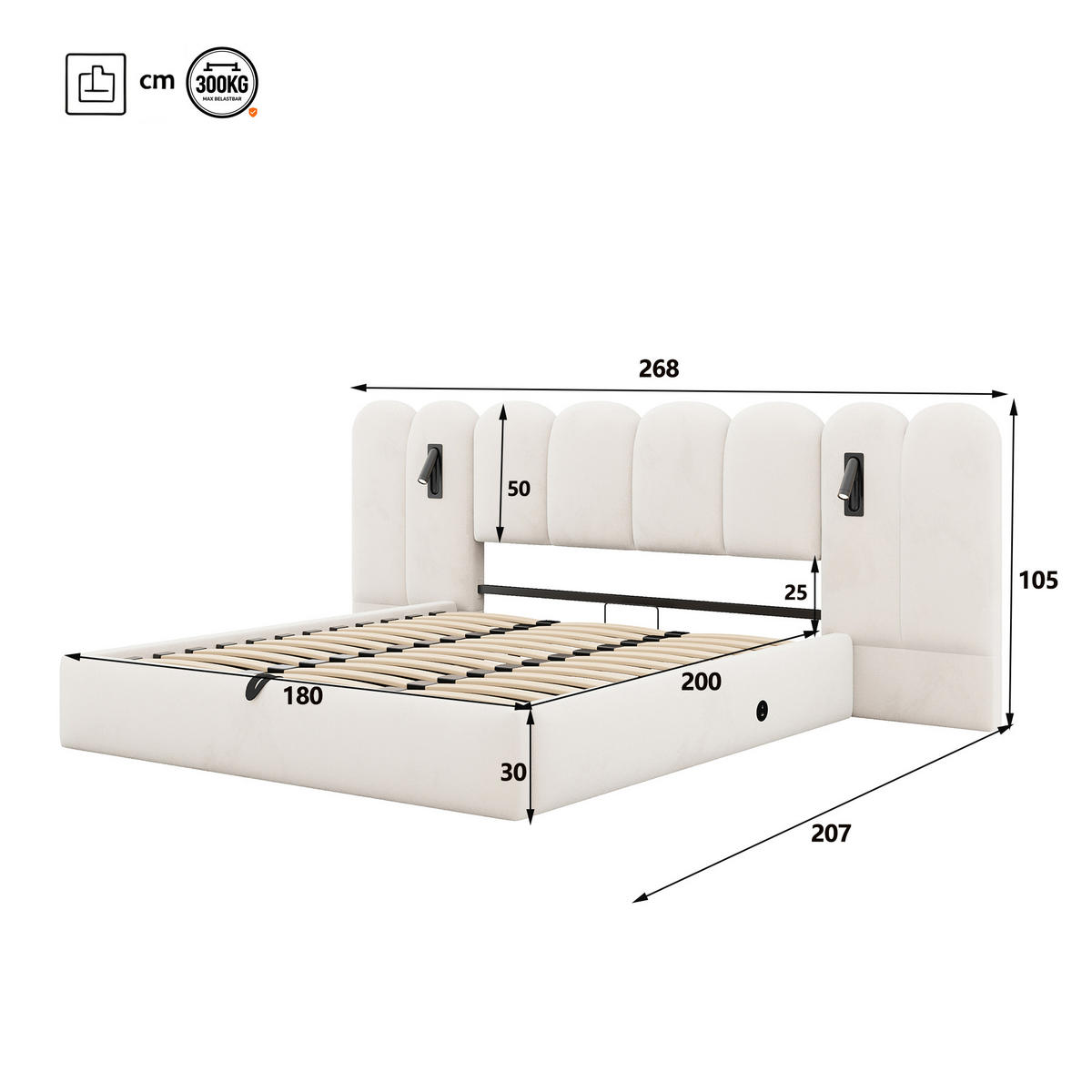 BOXBETT 180/200 mit Wolken Kopfteil, Bettkasten/Leselampe/USB, Samt, Beige - Beige, Holz/Textil (180/200cm) - LVHOM
