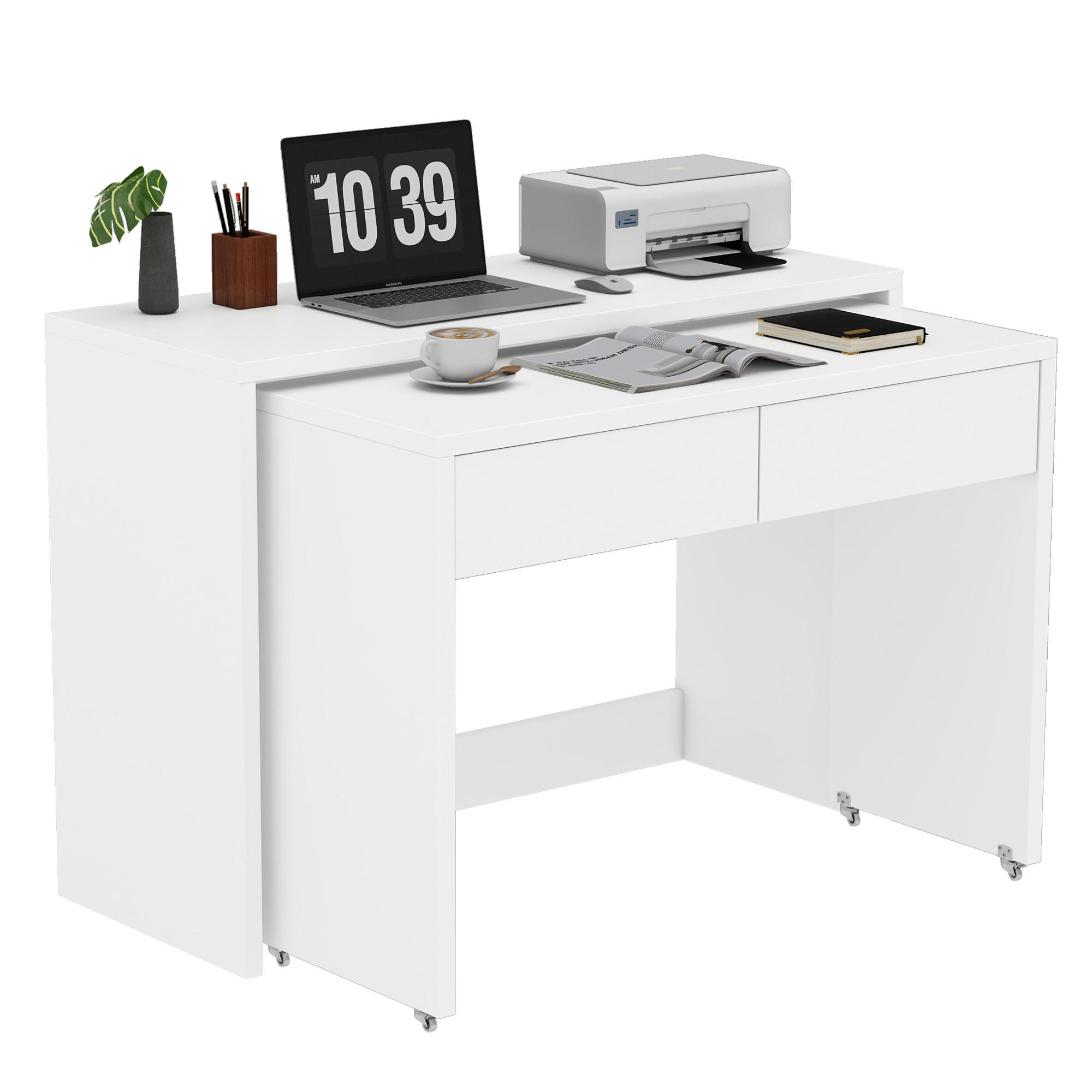 SCHREIBTISCH 2-in-1 Kommode ausziehbar Rollen Holz 1,8cm modern - Weiß, Holzwerkstoff (110/40/78cm) - FLIEKS
