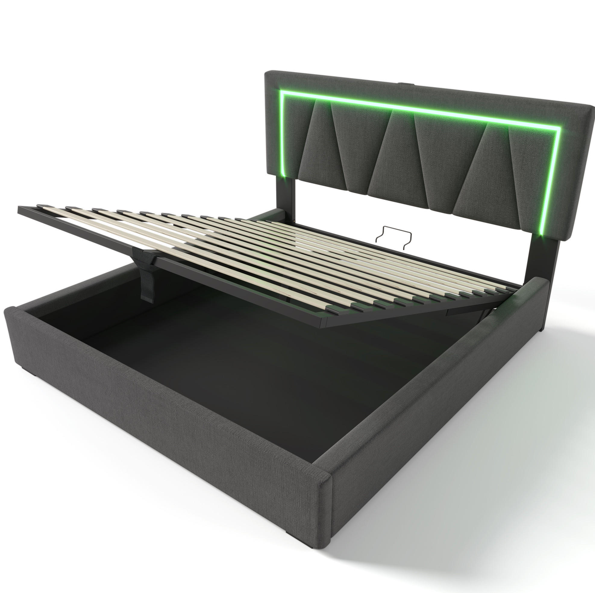 POLSTERBETT 160/200 cm mit LED-Beleuchtung, USB-C, Bettkasten und Matratze, Leinenoptik, Grau - Grau, Textil (160/200cm) - Redom