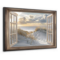 LEINWAND Bilder mit Rahmen - Ausblick - Strand - Dünen - Meer - Natur - 120x80 - Sandfarben, Textil (120/80cm) - MuchoWow