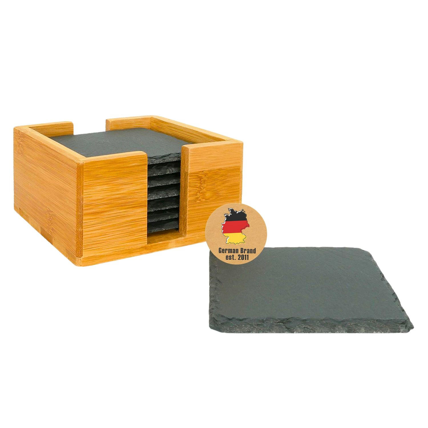 UNTERSETZER-SET mit Bambushalterung und Kreidestiften (11-tlg.) - Schwarz, Stein (10/10cm) - Intirilife