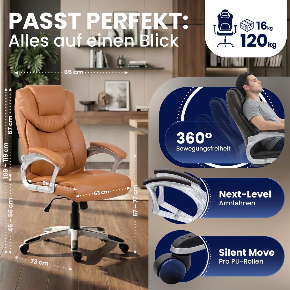 CHEFSESSEL Lederlook Hellbraun - Hellbraun/Grau, Kunststoff/Textil (65/109/73cm) - CLP