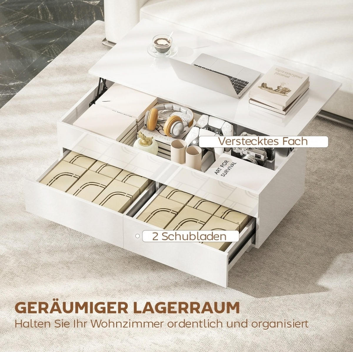 COUCHTISCH 102/48/40 cm in Weiß Hochglanz aus Holz und Metall mit höhenverstellbarer Tischplatte und Stauraum - Weiß, Holz (102/48/54.5cm) - OKMYHOME