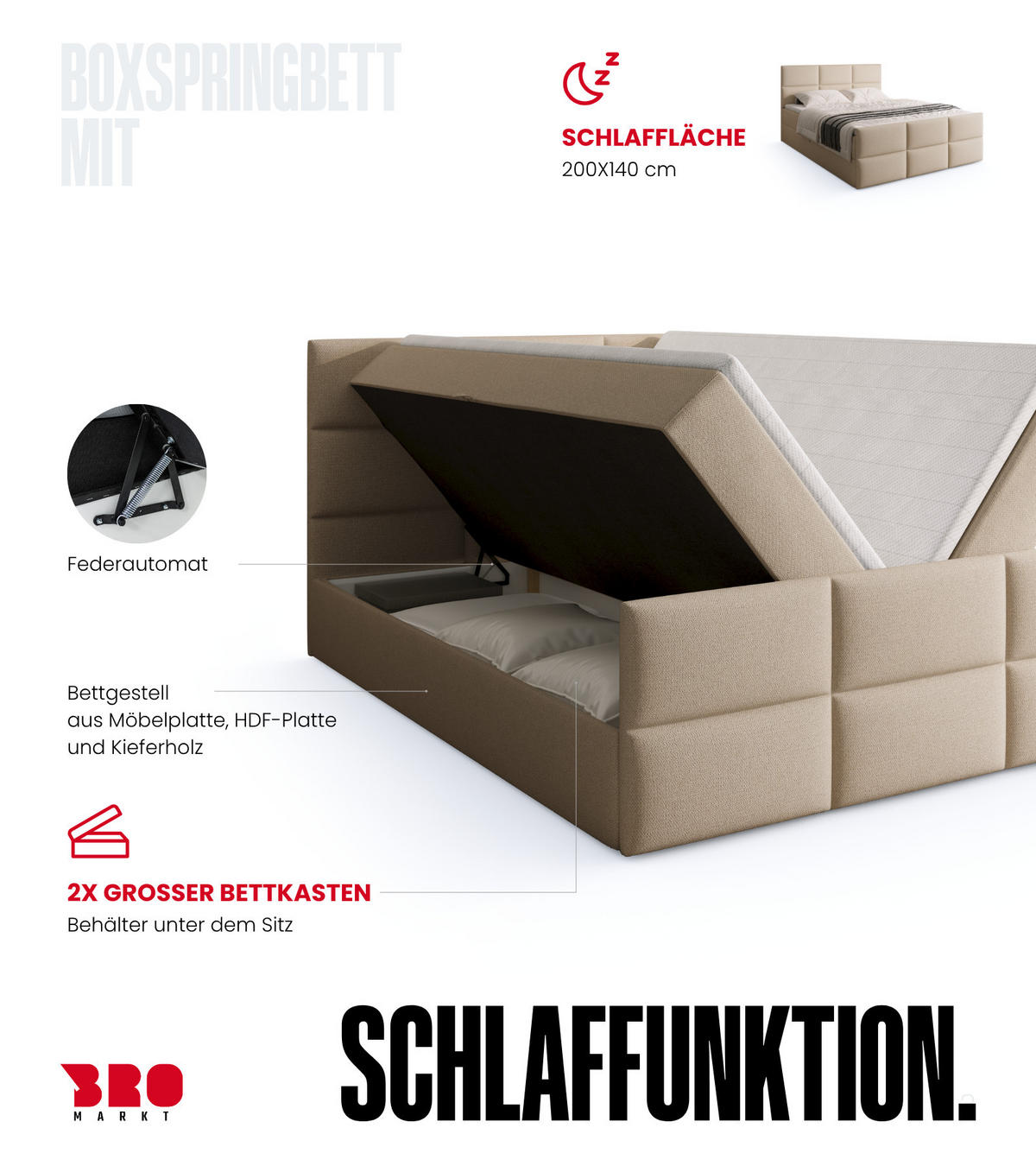 BOXSPRINGBETT Boston Duo Mit Bettkasten, Topper und Matratze Ecru Cosmic 10 140x200 cm - Ecru/Schwarz, Textil (140/200cm) - Bromarkt