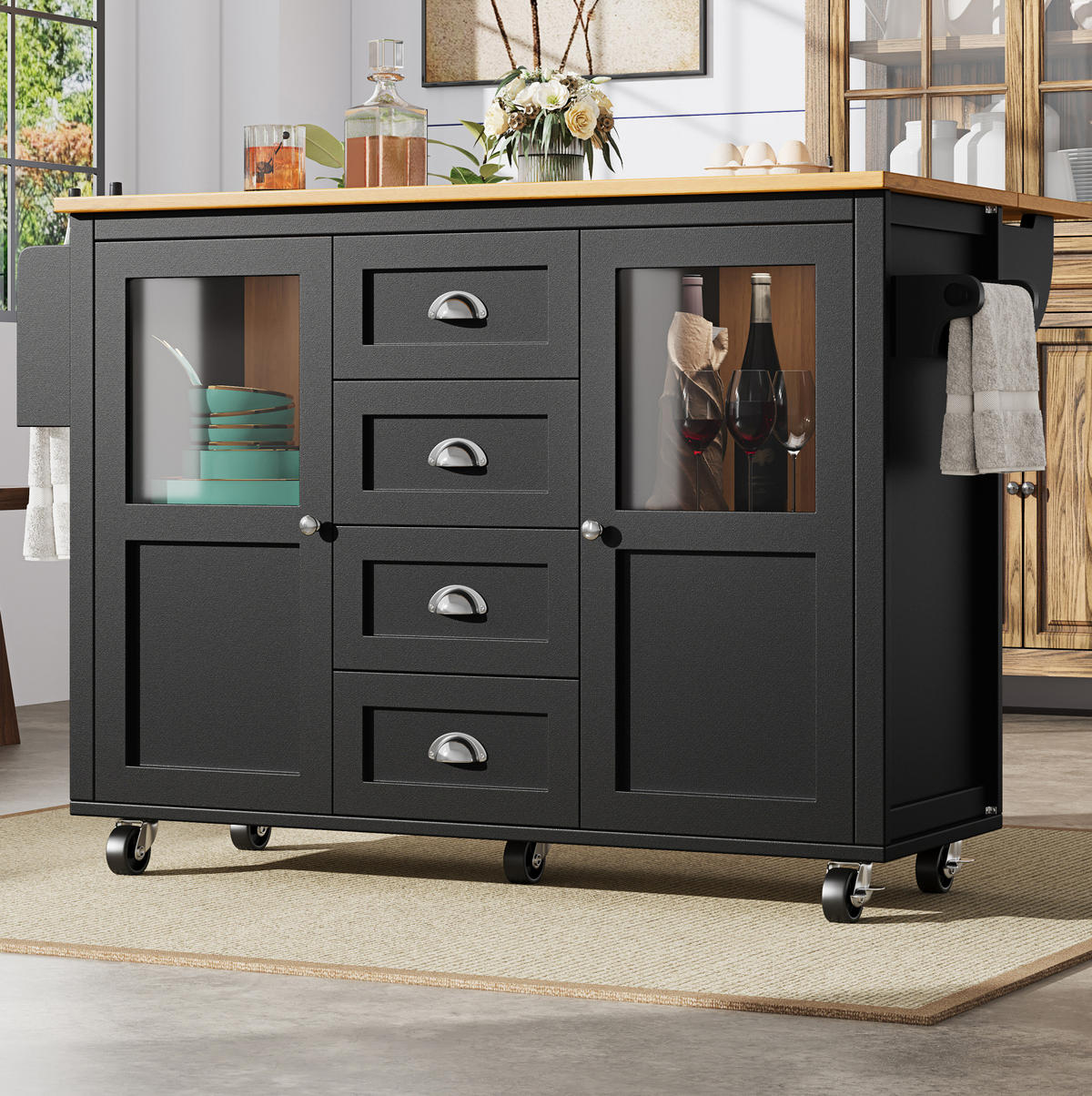 KÜCHENINSEL 137,9/92,5/73 cm Schwarz aus MDF und Metall mit Klapptisch - Schwarz, Holzwerkstoff (73/92.5/137.9cm) - OKMYHOME