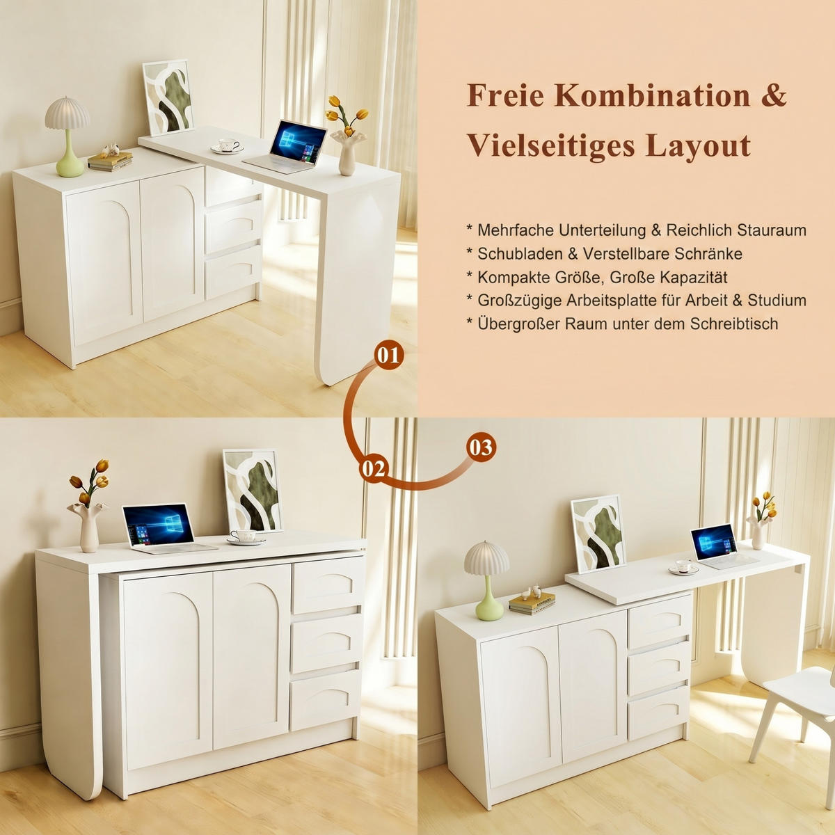 SCHREIBTISCH aus MDF in Weiß, 360° drehbar und platzsparend - Weiß, Holzwerkstoff (40/110/75cm) - Urban Meuble