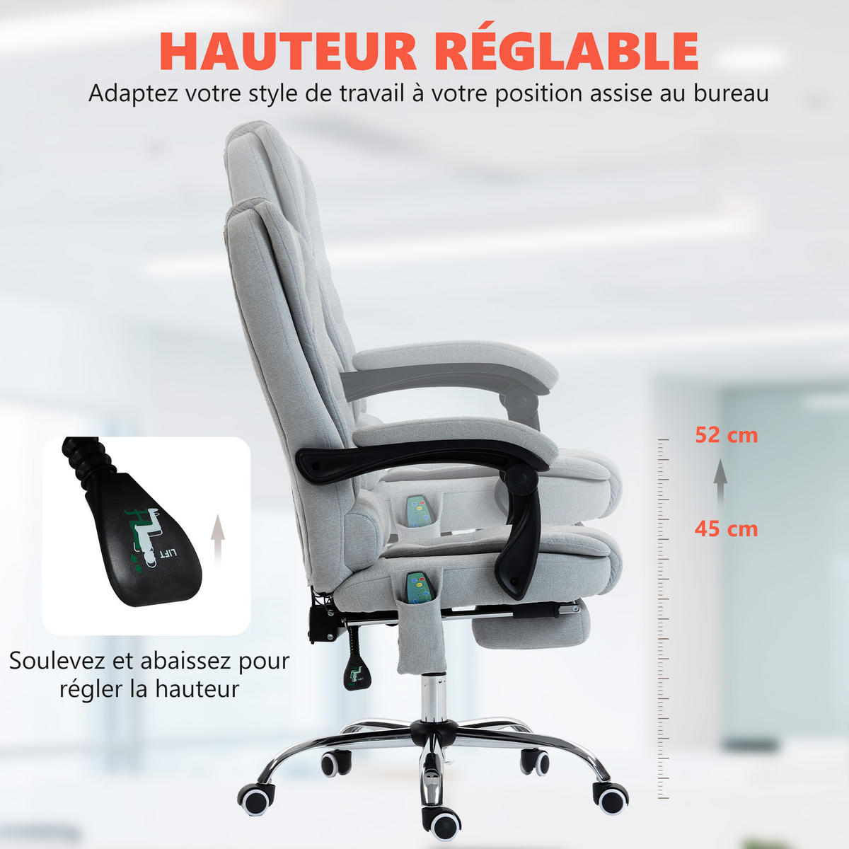 CHEFSESSEL DE-11829 Massage & Heizung Grau - Hellgrau, Textil (65/119/70cm) - ComfortXL