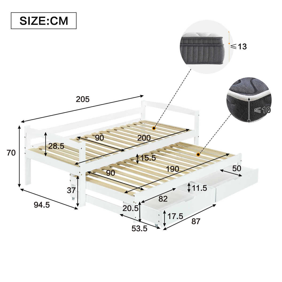 TAGESBETT 90/200 cm mit Ausziehbett und 2 Schubladen in Weiß - Weiß, Holzwerkstoff (90/200cm) - BEAOK