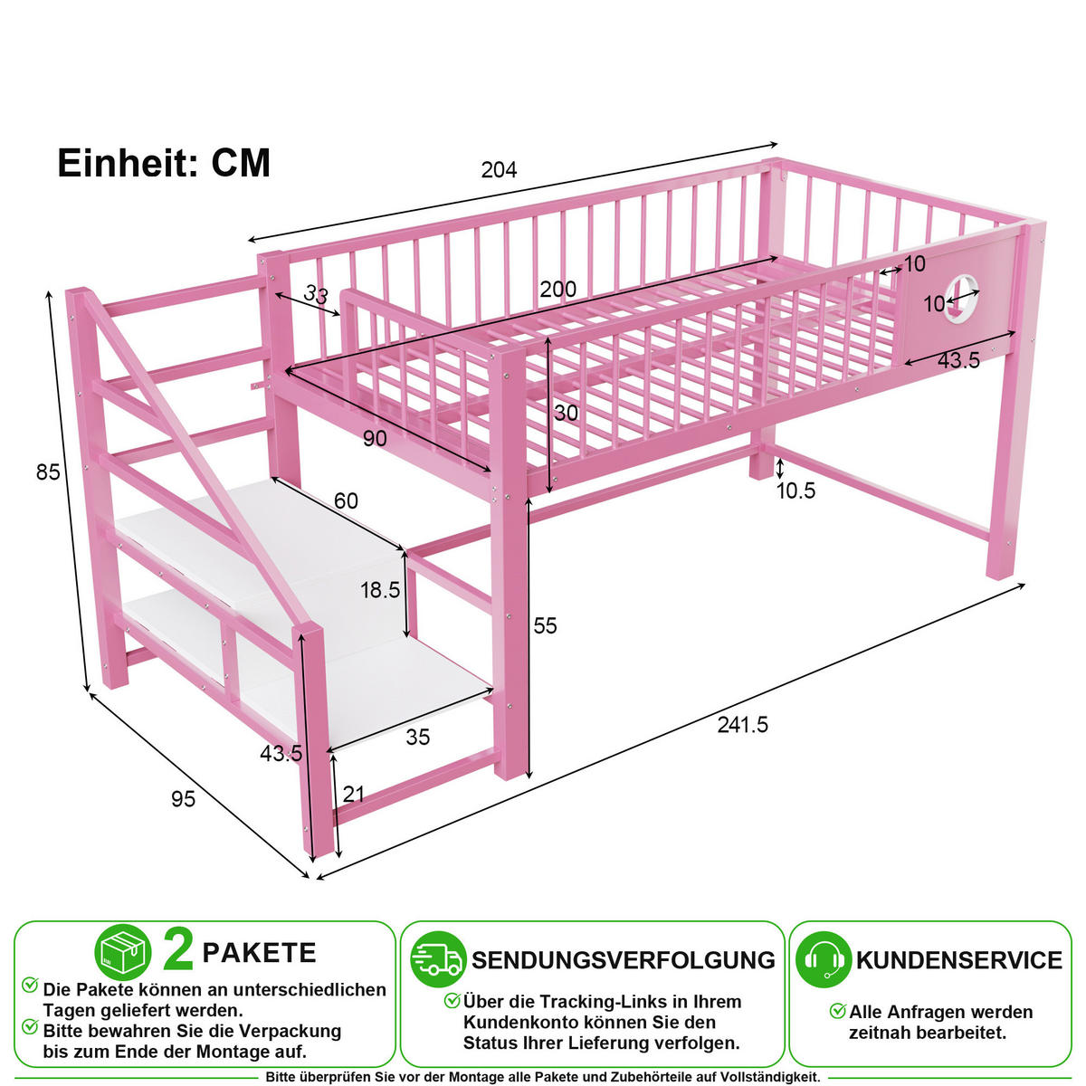 HOCHBETT 90/200 cm in Rosa mit Stauraumleiter und Stauraum - Rosa, Holzwerkstoff/Metall (90/200cm) - CHICFURN