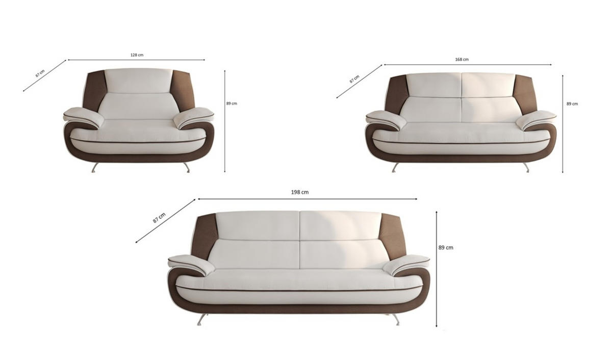 SOFAGARNITUR 3+2+1, Stoff Kronos, Weiß + Braun, Palermo - Weiß, Holz (198/89/87cm) - Kaiser Möbel