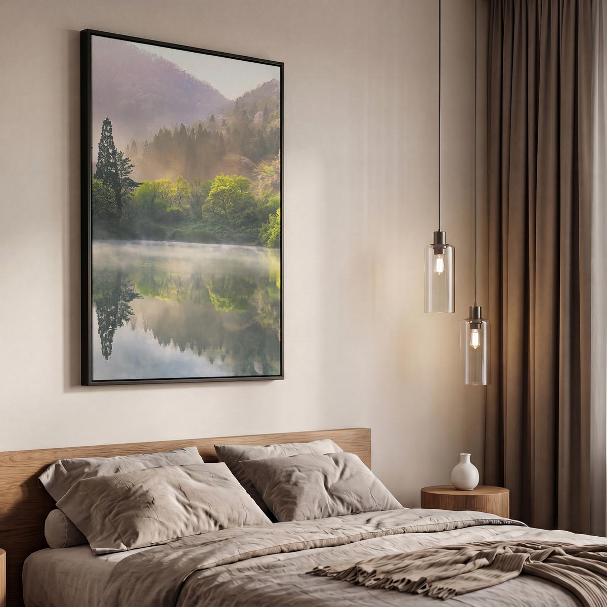 LEINWAND Bilder mit Rahmen - Natur - Bäume - Berge - See - Wasser - 60x90 - Hellgrün, Textil (60/90cm) - MuchoWow