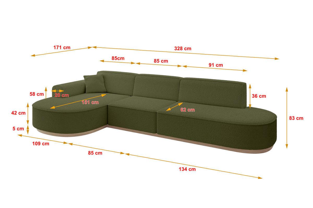 ECKSOFA Ottomane Links MARI-L2-v1 - 328x171x83 cm Grün Bouclé - Grün, Holzwerkstoff/Textil (328/171cm) - ALTDECOR