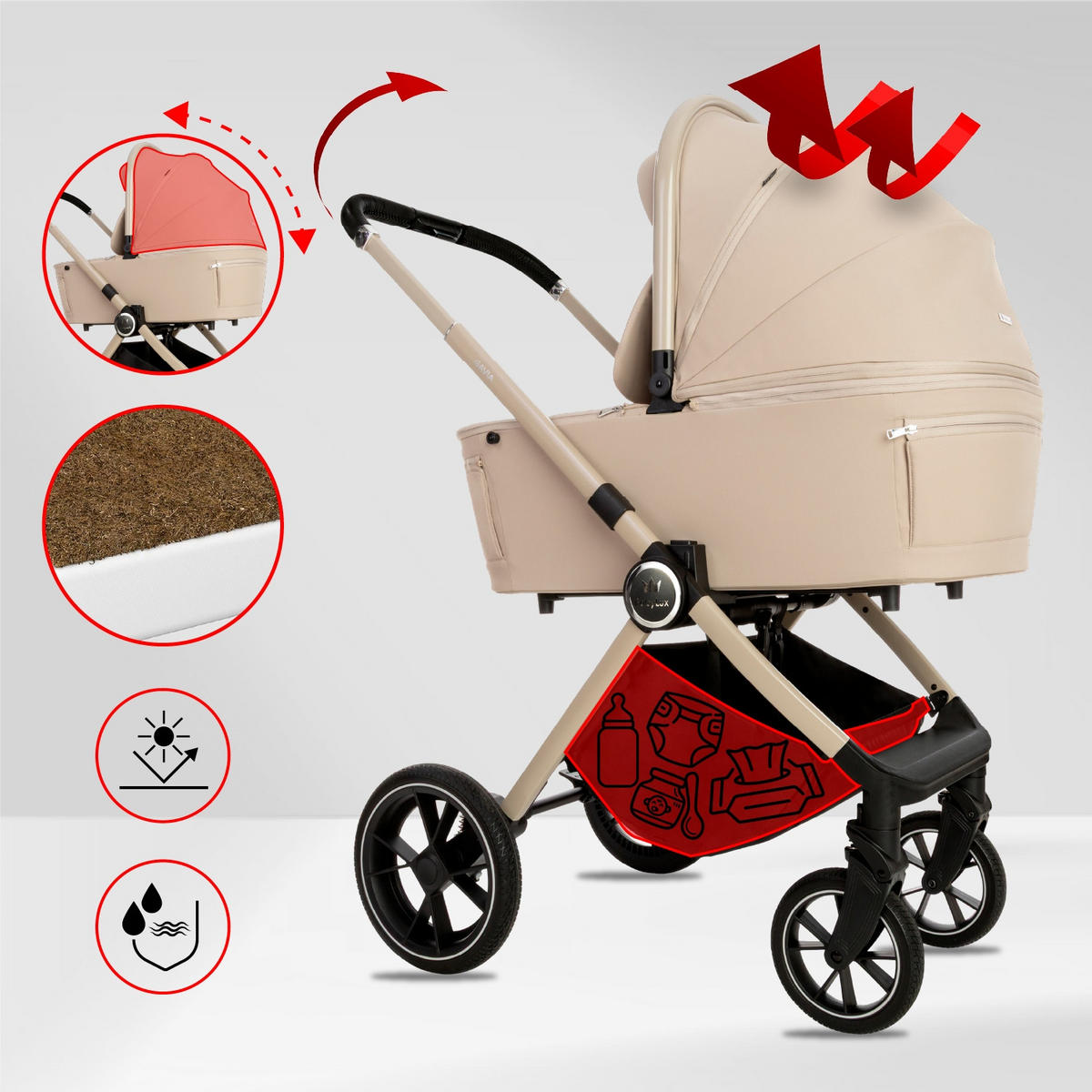 KINDERWAGEN Gavia 3in1 Brownie Babywanne, Buggy Sportsitz, Babyschale I-Size - Beige/Schwarz, Textil/Metall (58/99cm) - BabyLux