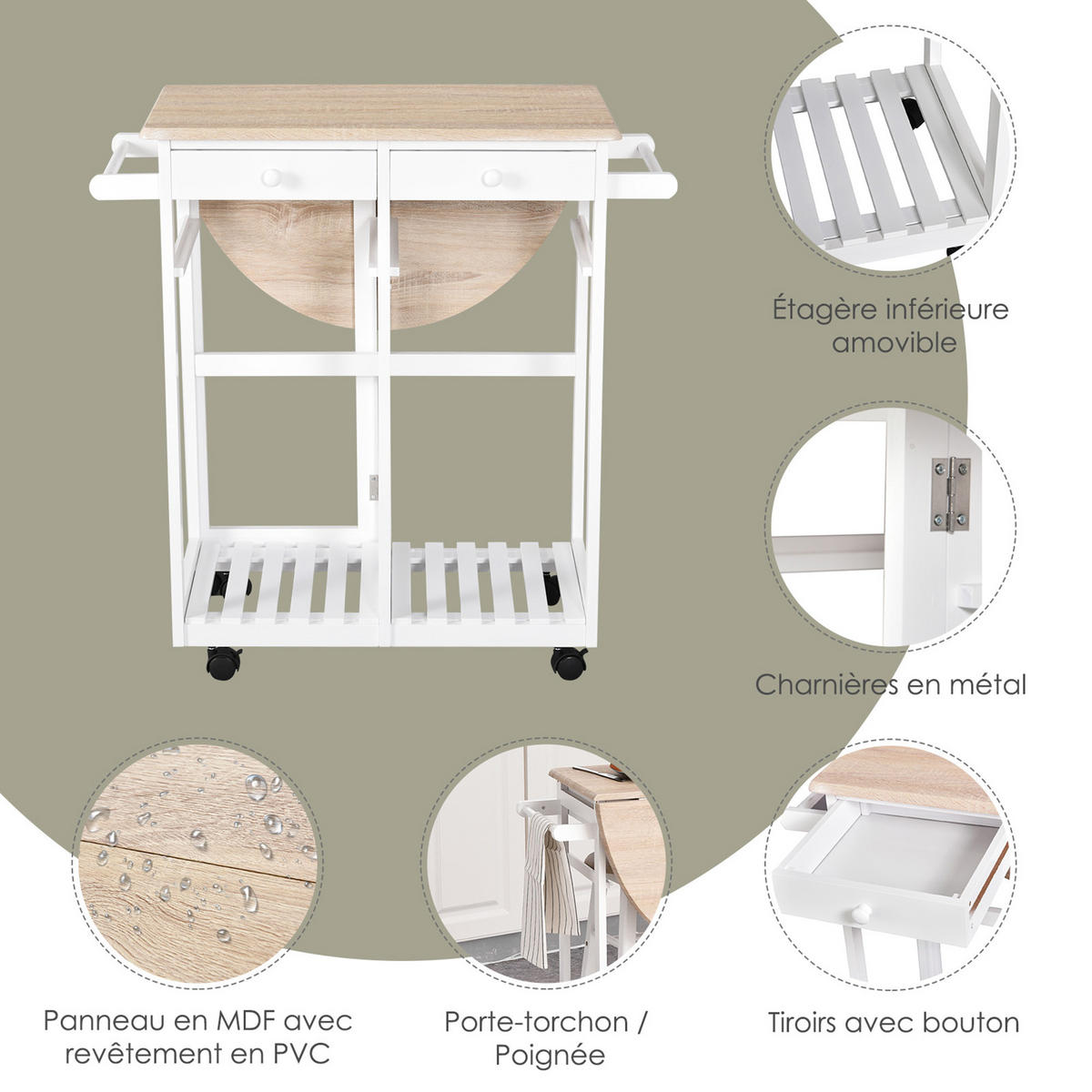 BARTISCH-SET DE-14686 klappbar mit Rollen & 2 Hockern Eiche hell - Beige, Holzwerkstoff (83/74/83cm) - ComfortXL