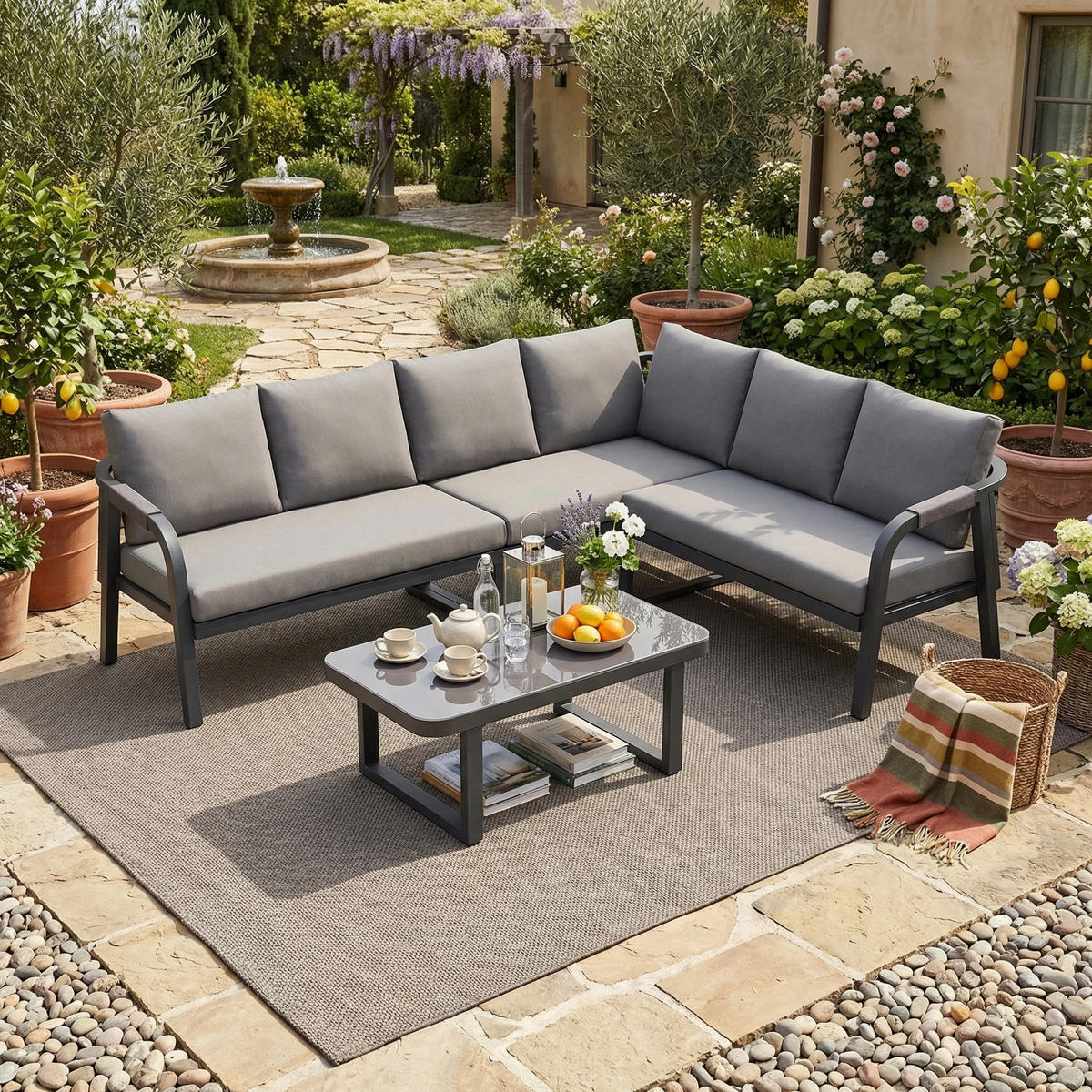 GARTENMÖBEL-SET 6 Personen Ecksofa Couchtisch Stahl Grau - Grau, Textil - FLIEKS