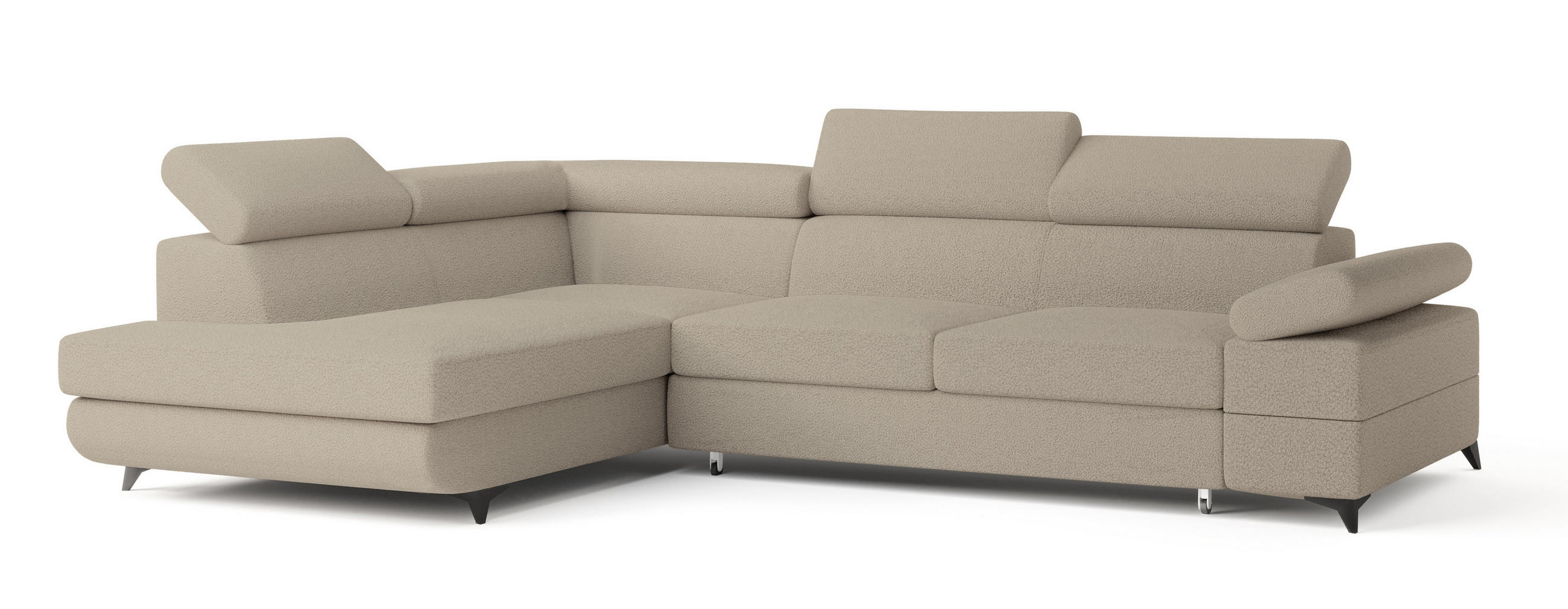 ECKSOFA FAVIEN L-S Beige Boucle-Stoff mit Schlaffunktion - Beige, Holz (257/190cm) - MASSENO