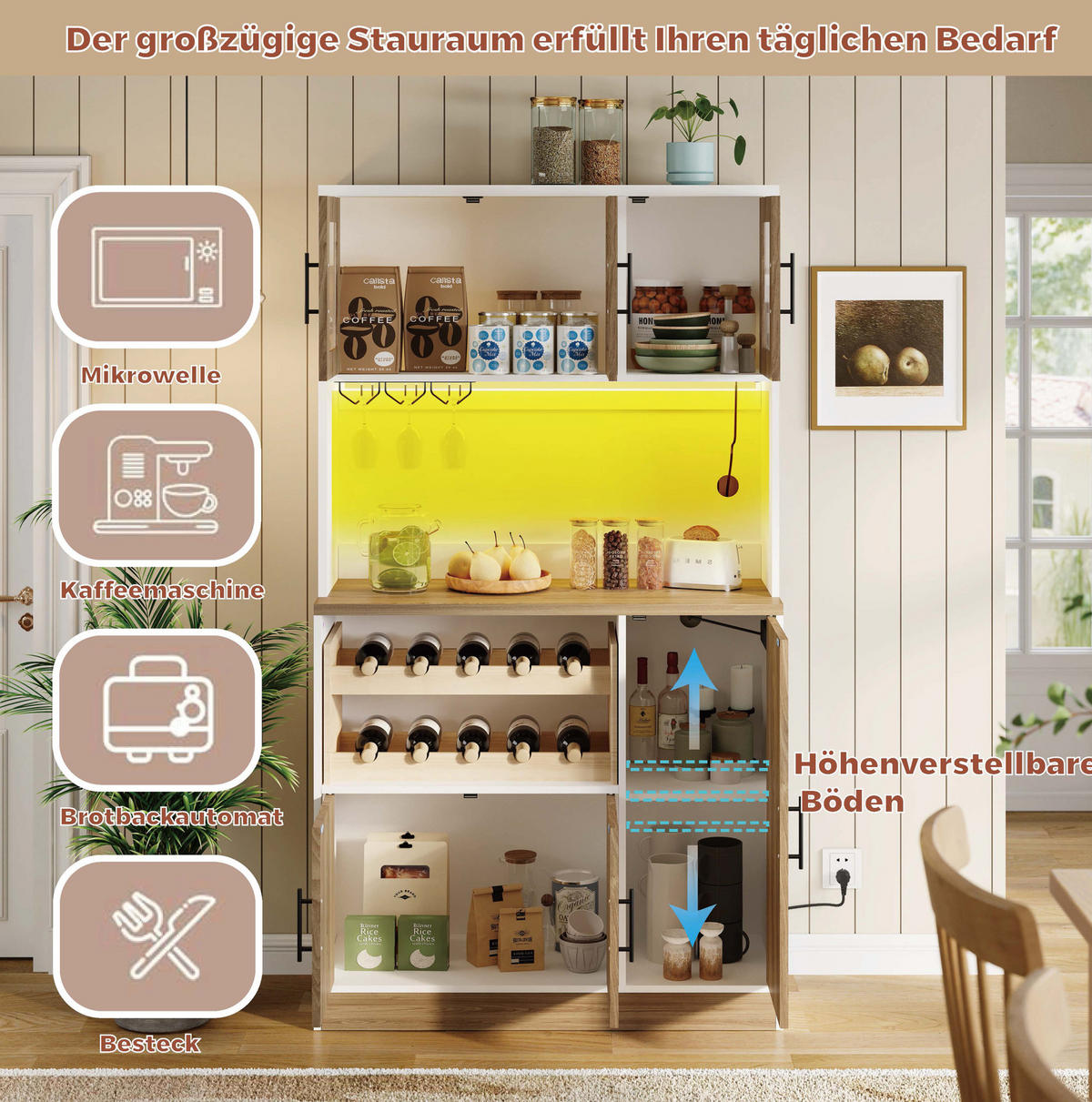 BUFFETSCHRANK 40/100/180 cm aus MDF mit LED-Beleuchtung, Steckdosenleiste und Weinregal, Weiß/Natur - Weiß, Holzwerkstoff (100/180/40cm) - Redom