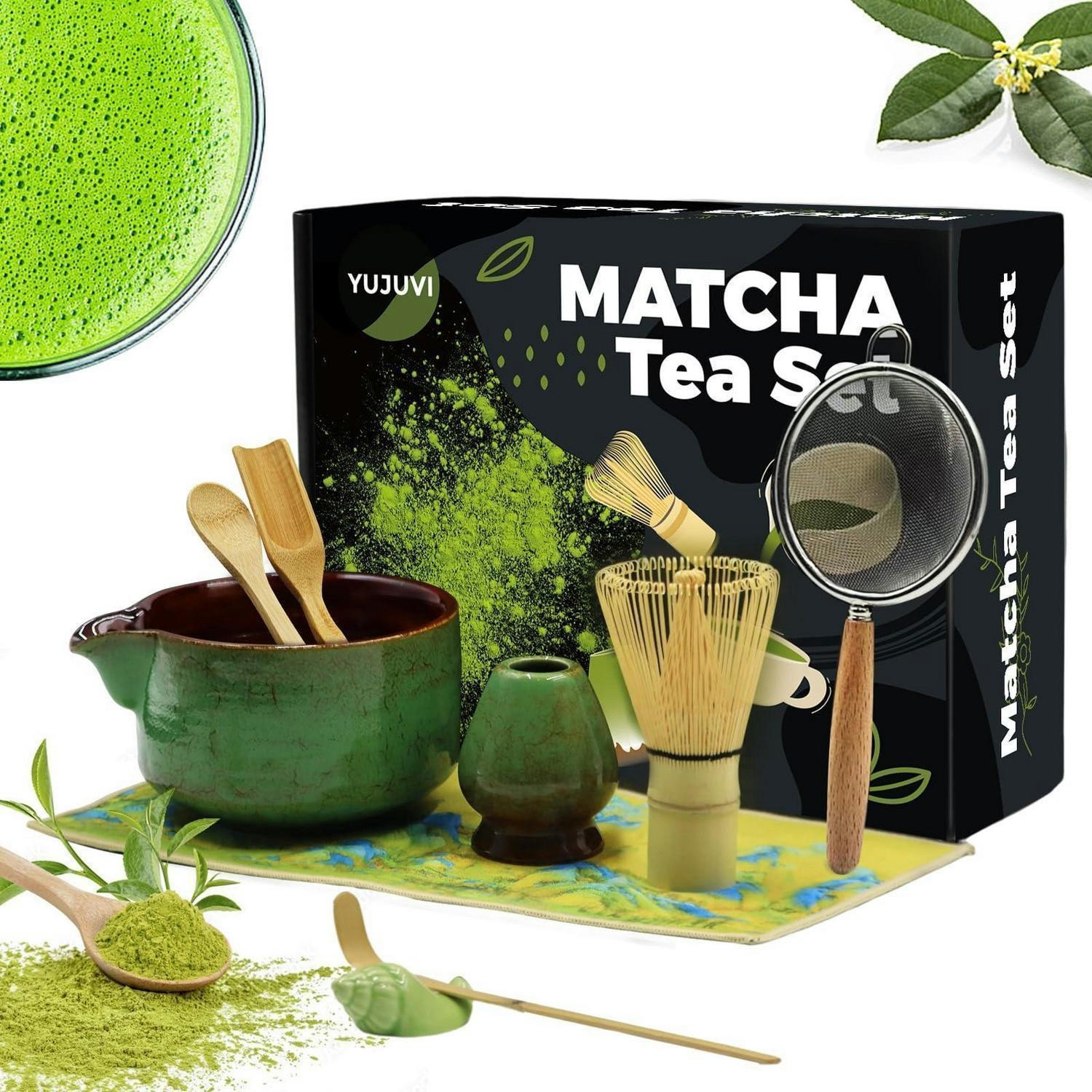 MATCHA Tee Set 9-teiliges Set mit Besen und Schale - Grün, Keramik (14/7/18.5cm)