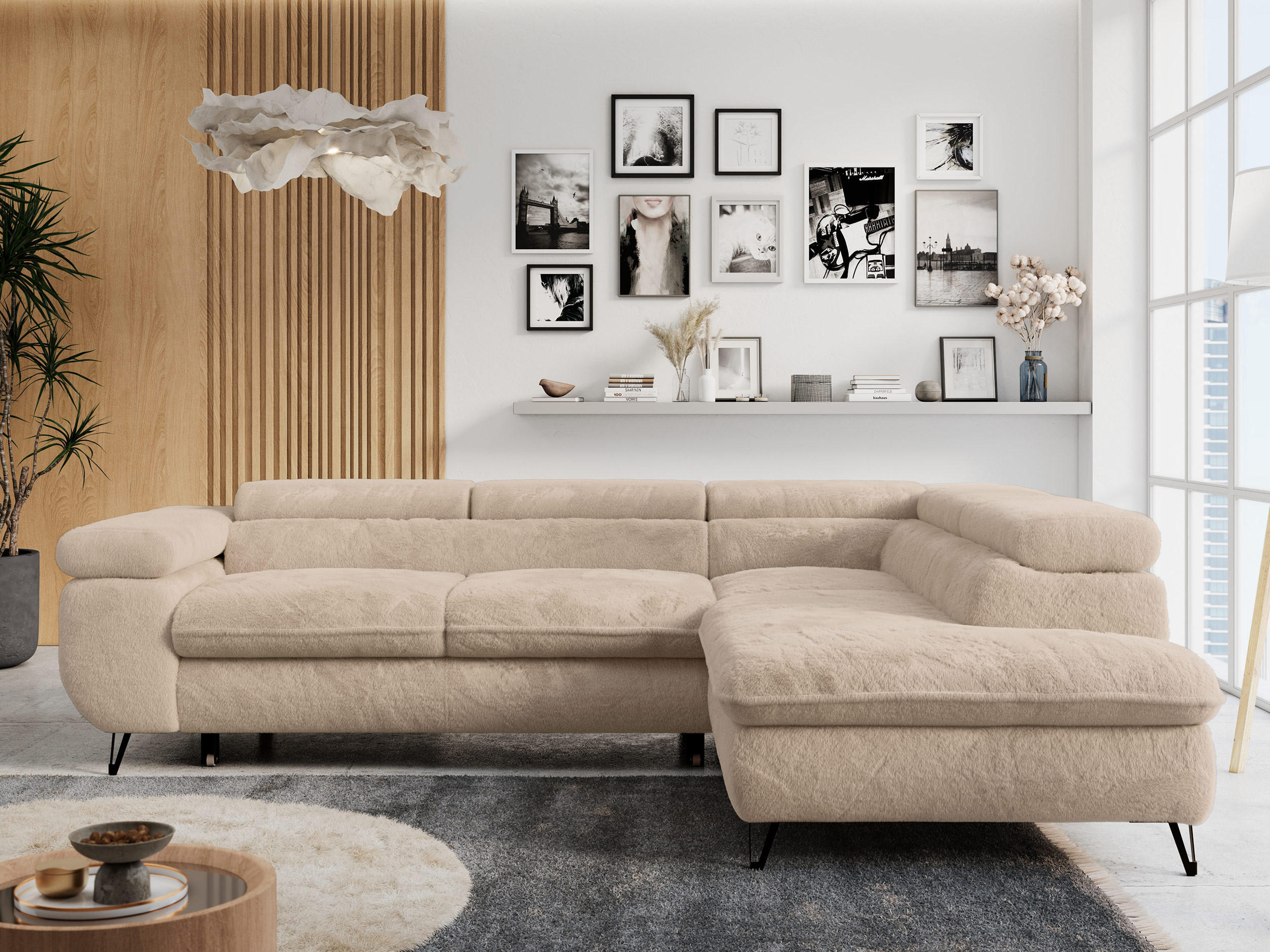 ECKSOFA PETER L Beige Plüsch - Rechts Seite - Beige/Schwarz, Textil/Metall (273/208cm) - MKS
