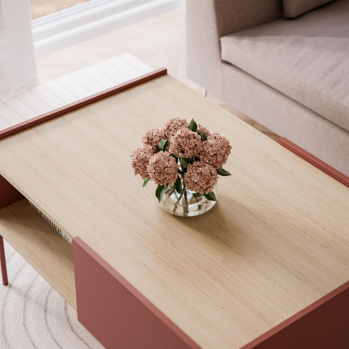 COUCHTISCH ESSENCE L97 mit Keramik Rot / Eiche Linea - Eichefarben/Rot, Holzwerkstoff (97/45/65cm) - Lookway