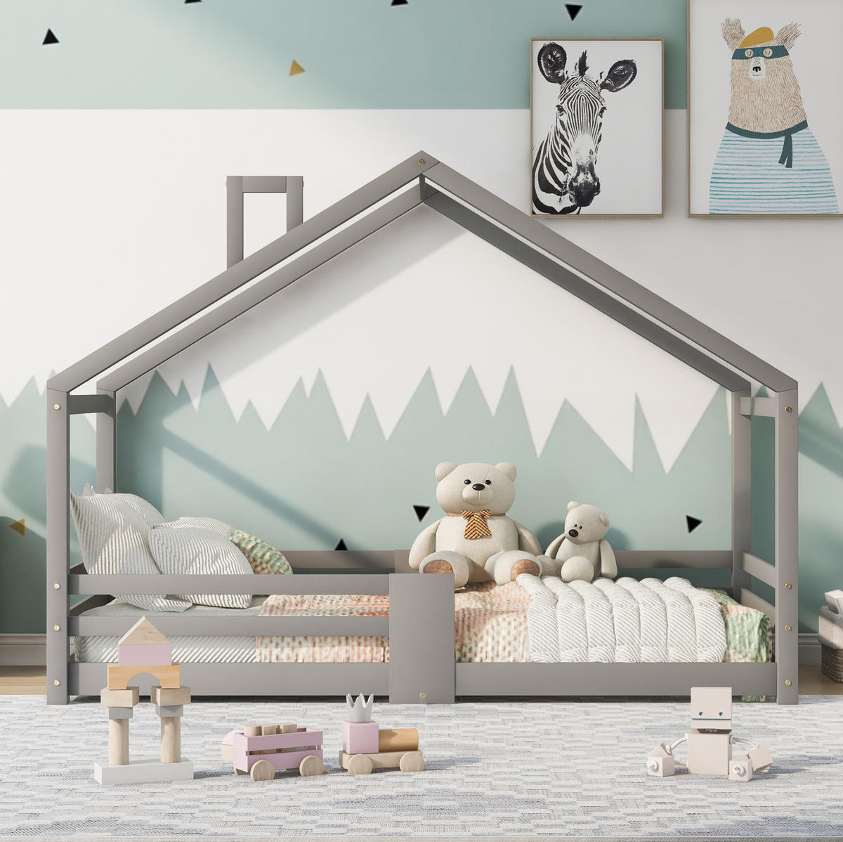 KINDEREINZELBETTEN aus Kiefernholz 90x200 cm in Grau mit Rausfallschutz - Grau, Holz (90/200cm) - Modfu