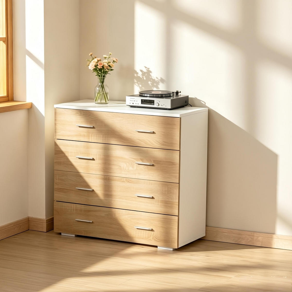 KOMMODE DE-38081 76/35/72 cm mit 4 Schubladen Weiß/Helles Holz - Eichefarben, Holzwerkstoff (76/72/35cm) - ComfortXL