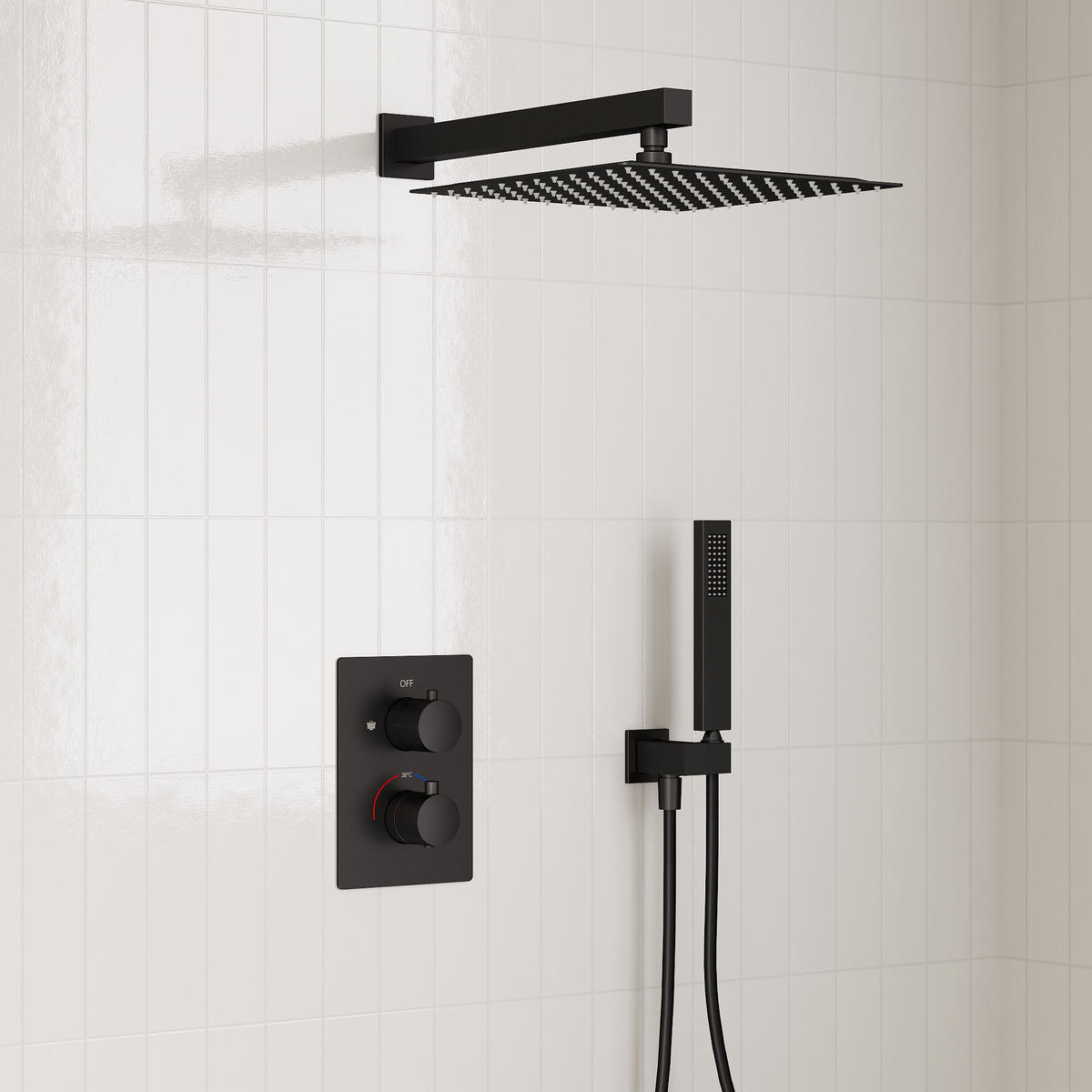 DUSCHARMATUR SFS-5010 Schwarz Matt, Unterputz, Thermostat, 300-mm-Kopfbrause, Handbrause, 400-mm-Duscharm, 1500-mm-Schlauch - Schwarz, Metall (30/21/40cm) - Everstein