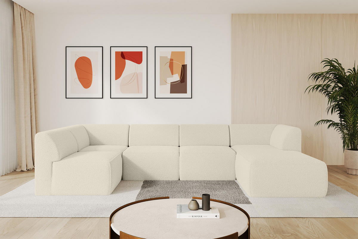 WOHNLANDSCHAFT Ottomane Rechts MOVO-L 345x180x78 cm Beige Bouclé - Hellbraun, Holzwerkstoff/Kunststoff (180/78/345cm) - ALTDECOR