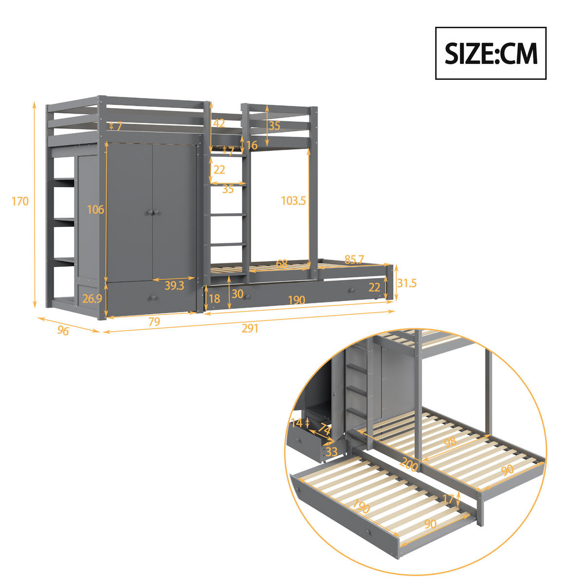 ETAGENBETT 90/200 cm grau mit Ausziehbett und Kleiderschrank - Grau, Holz (90/200cm) - OKWISH