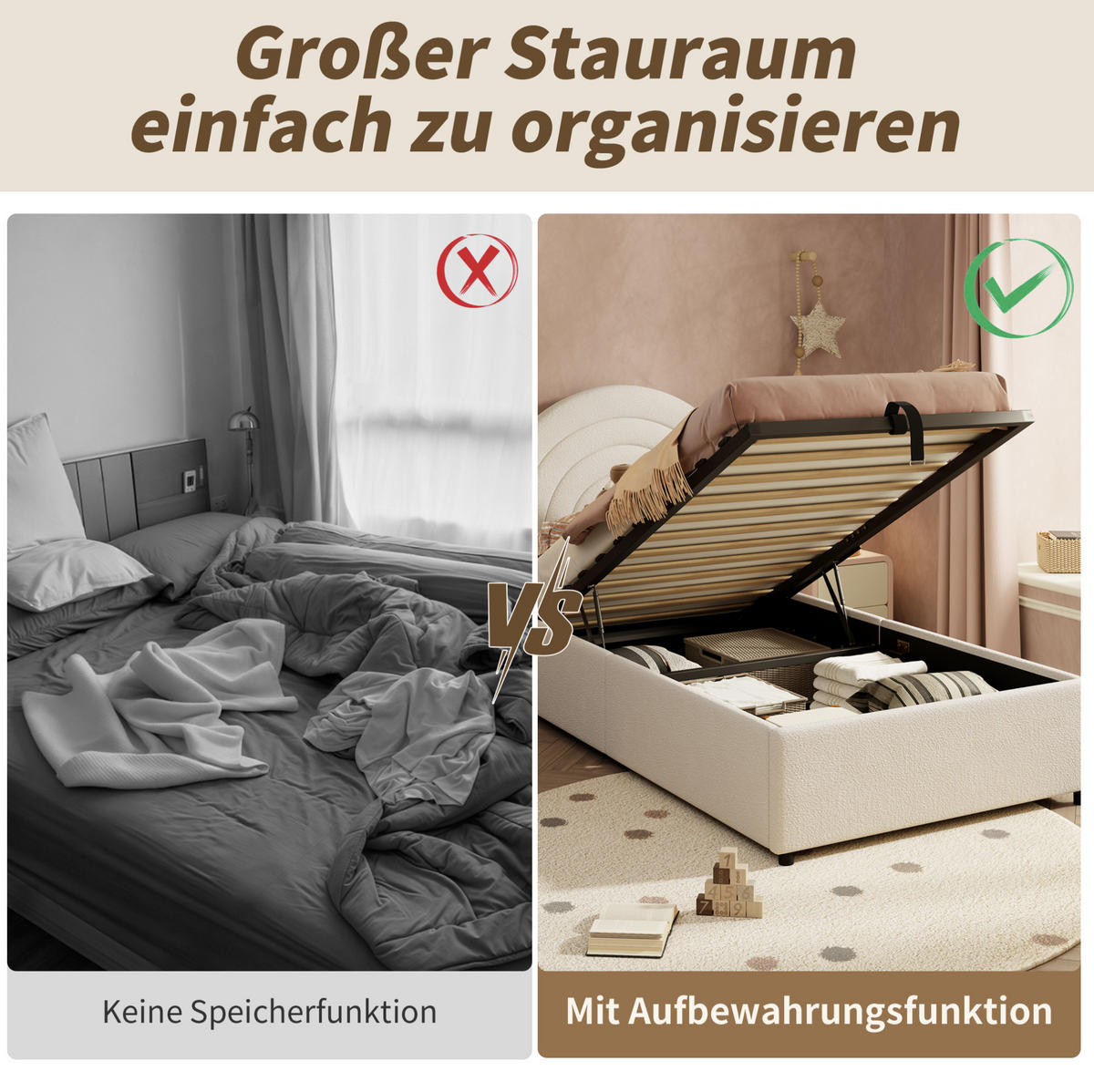 POLSTERBETT 90/200 cm aus Bouclé mit Bettkasten, Beige - Beige, Textil (90/200cm) - Flora Grace