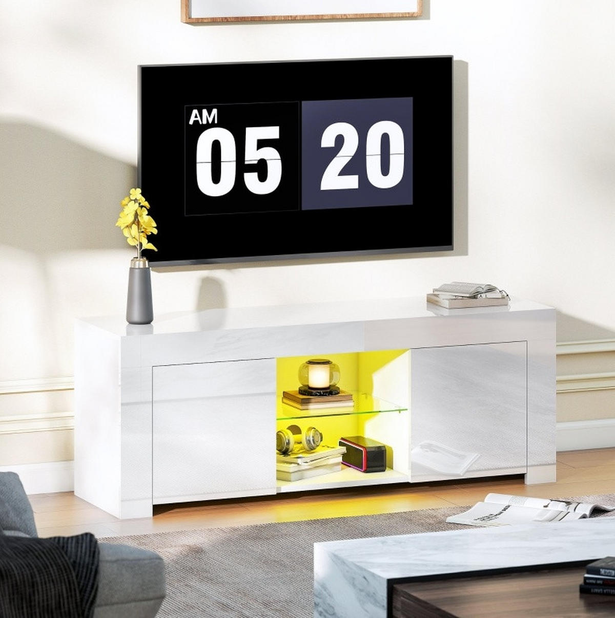 LOWBOARD 120/34/45 cm aus Glas und Holzwerkstoff mit LED-Beleuchtung Weiß - Weiß, Holzwerkstoff (120/45/34cm) - Modenvie