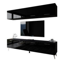 WOHNWÄNDE AURA mit Griffen Schwarz Hochglanz mit LED-Beleuchtung – Füße in Chrom - Chromfarben/Schwarz Hochglanz, Holzwerkstoff (200/49/40cm) - Lookway