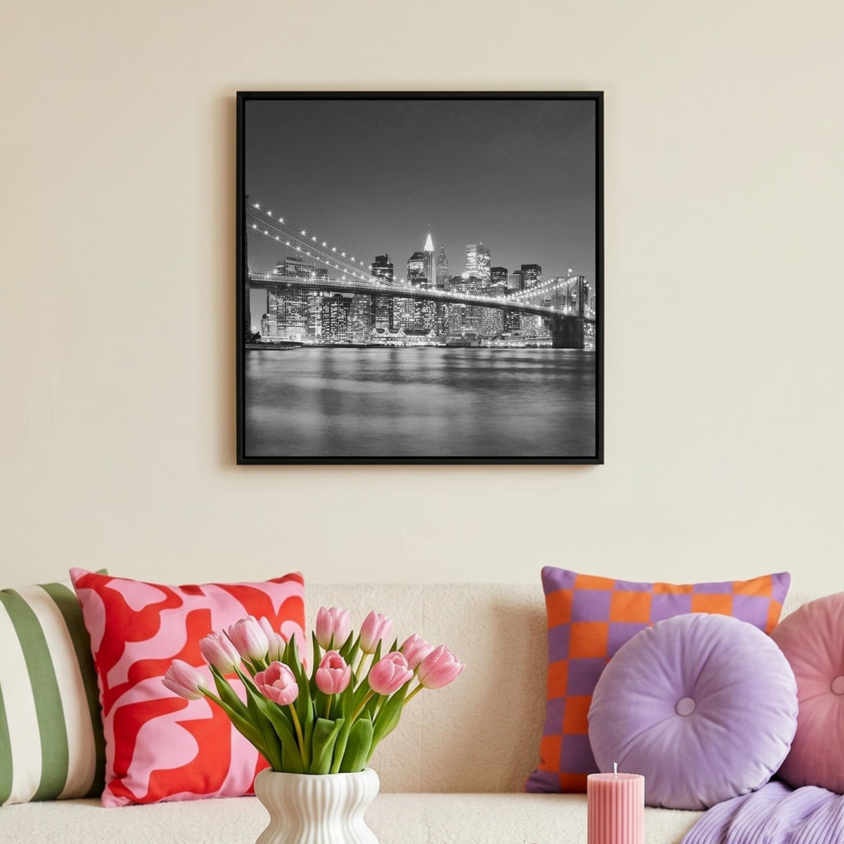 LEINWAND Bilder mit Rahmen - New York - Brücke - Brooklyn - Schwarz und weiß - Architektur - 50x50 - Schwarz, Textil (50/50cm) - MuchoWow