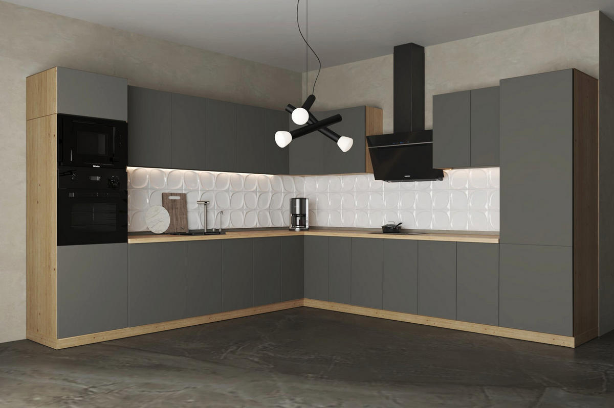 WINKELKÜCHE – Küchenzeile 330 x 340 cm VELORA – KU-S43 – Grau - Grau, Holzwerkstoff (330/212/340cm) - hi-markt