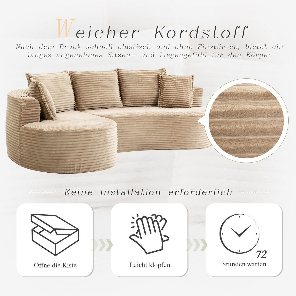 ECKSOFA Cord Khaki mit Becherhaltern, Seitentaschen und mit Kissen - Hellbraun, Textil (250/152cm) - WISHDOR