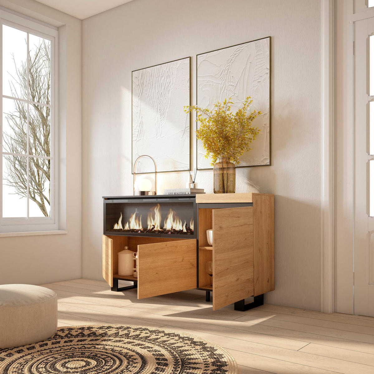 SIDEBOARD Highboard, Elektrokamin XXL, eiche, 158/35/87cm - Eichefarben, Holzwerkstoff (158/87/35cm) - Skraut Home