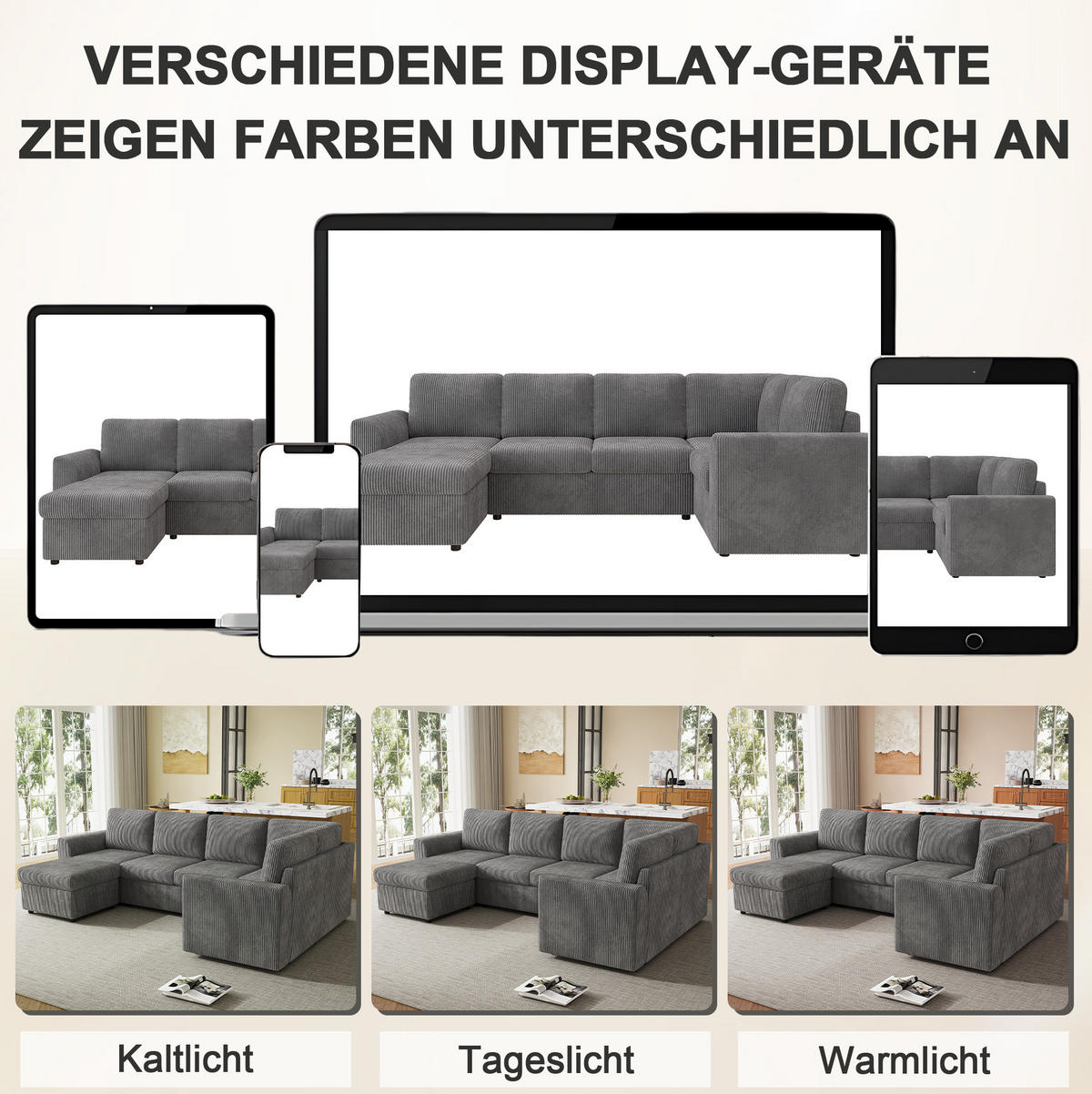 ECKSOFA 282/153/85 cm grau aus Cord mit Schlaffunktion und Hocker - Grau, Textil (153/282cm) - OKWISH