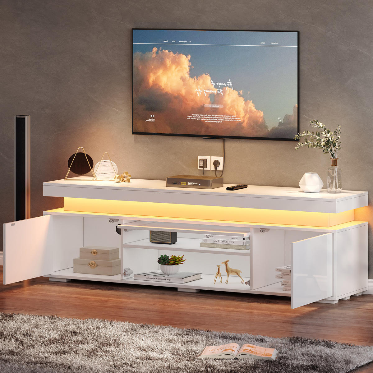 TV-LOWBOARD 150x35x43 cm Weiß LED 3 Türen Stauraum Spanplatte - Weiß, Holzwerkstoff (35/43/150cm) - FLIEKS