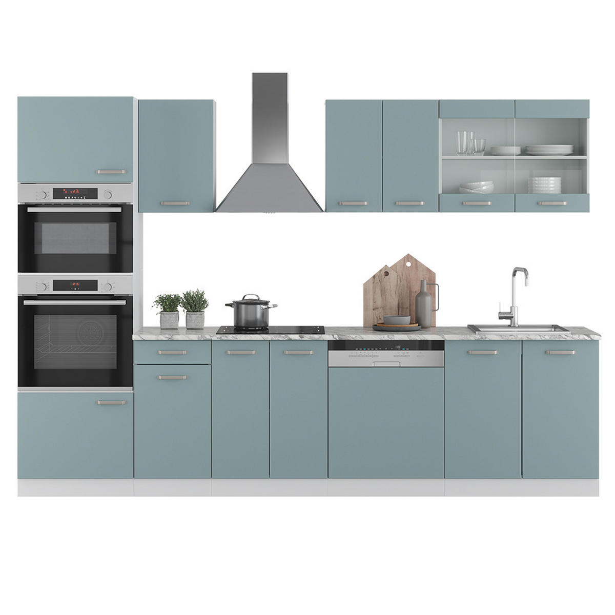 KÜCHENZEILE R-Line Blau-Grau 300 cm mit Hochschrank, ohne AP - Blaugrau/Weiß, Holzwerkstoff (300/81.6/46cm) - Vicco