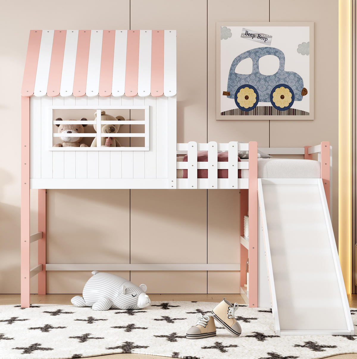 HOCHBETT 90/200 cm Rosa mit Rutsche und Stauraum - Rosa, Holz (90/200cm) - Flora Grace
