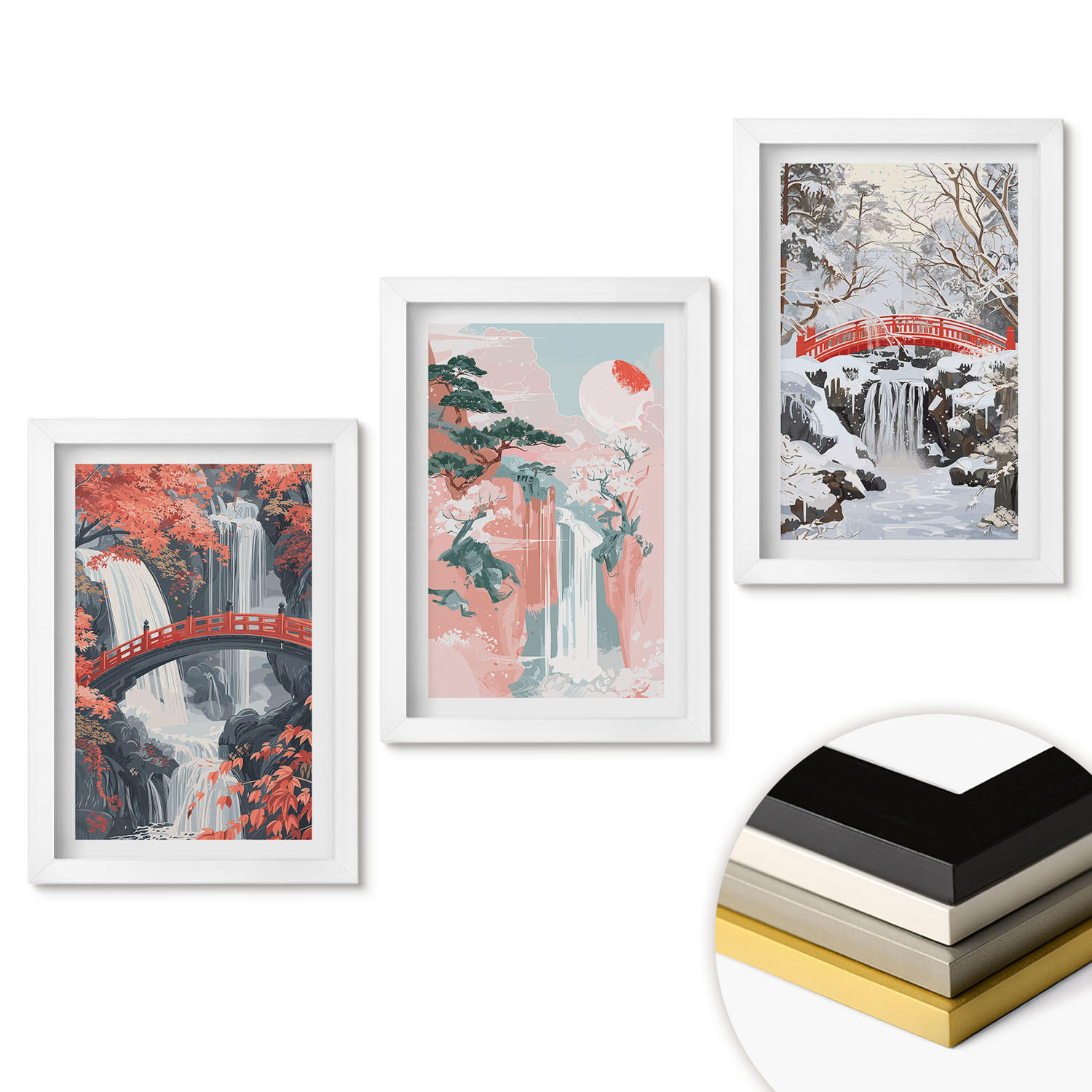 WANDBILDER 3er-Set - 20x30 cm Weißer Rahmen - Wasserfälle der Jahreszeiten - Weiß, Kunststoff (20/30cm) - ArtPrintCave