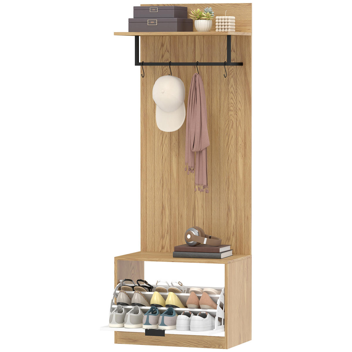 GARDEROBE DE-17895 5-in-1 mit klappbarer Schuhbank Eiche - Eichefarben, Holzwerkstoff (30/170/60cm) - ComfortXL