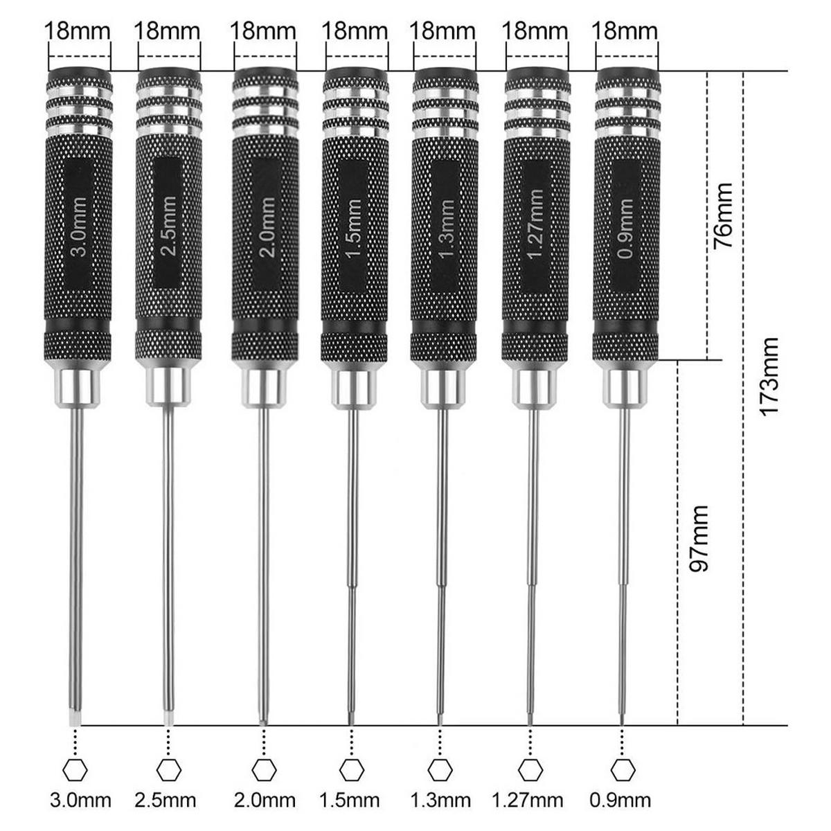 SCHRAUBENDREHER-SET-DIY,EIN Set aus 7 Sechskantschraubendrehern (0,9/1,27/1,3/1,5/2,0/2,5/3,0 mm) - Schwarz, Metall (1.8/1.8/17.3cm) - LIBRATON