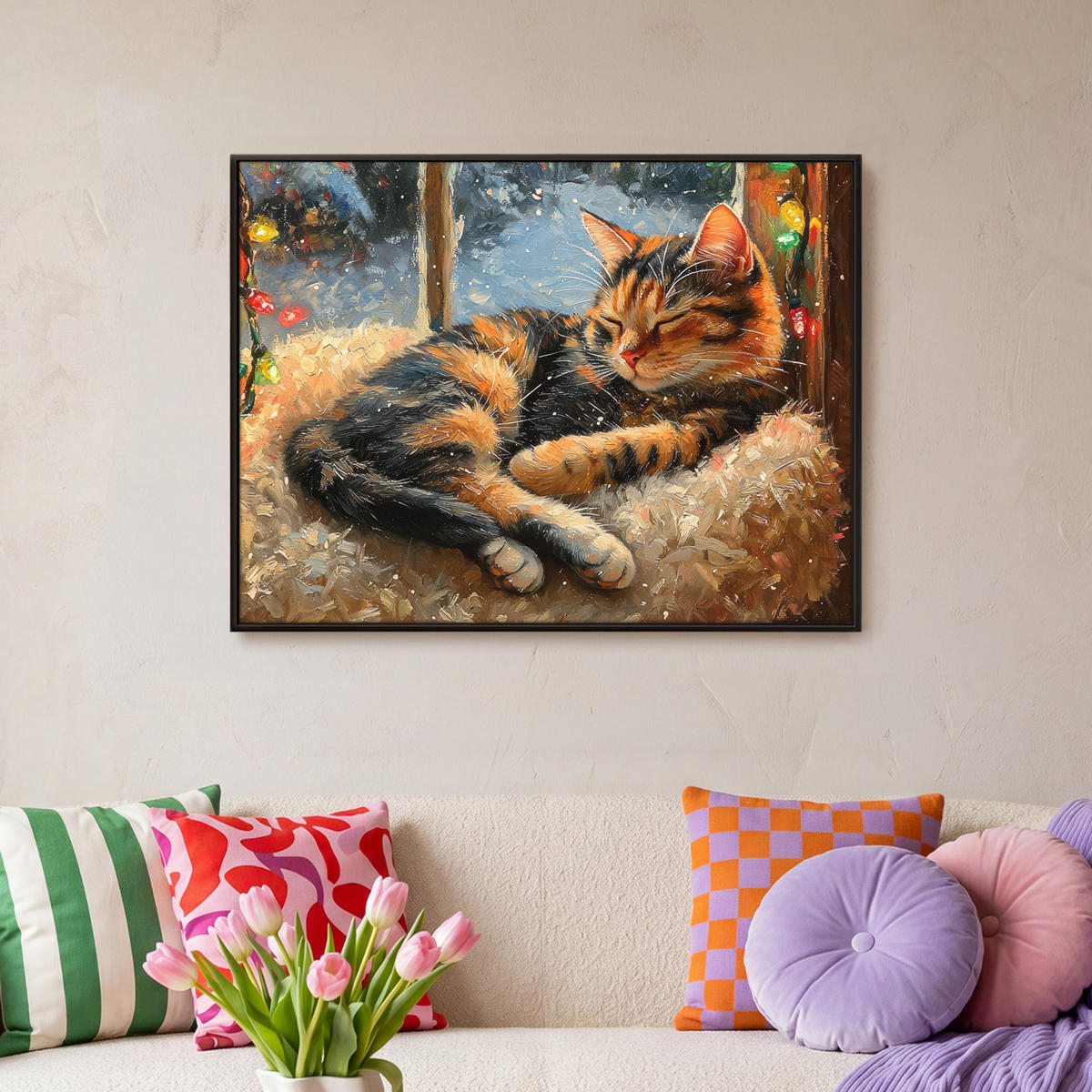 LEINWAND Bilder mit Rahmen - Katze - Weihnachten - Winter - Tier - 80x60 - Bernsteinfarben, Textil (80/60cm) - MuchoWow