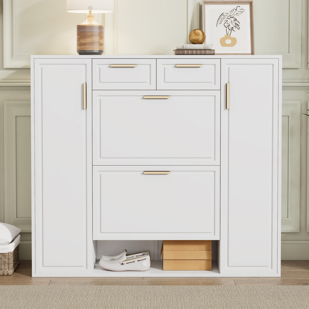 SCHUHSCHRANK Modern Goldgriffe Weiß 120x24x107cm - Weiß, Holzwerkstoff (24/107/120cm) - FLIEKS